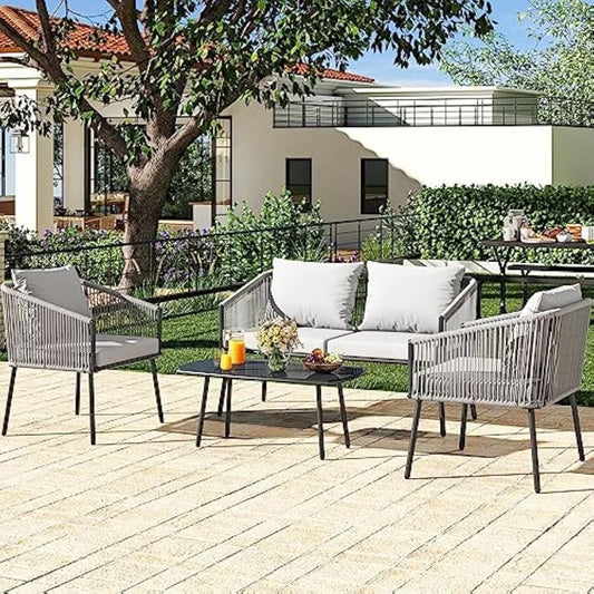 Outdoor 4-Piece Garden Furniture Rattan Set With Cushions