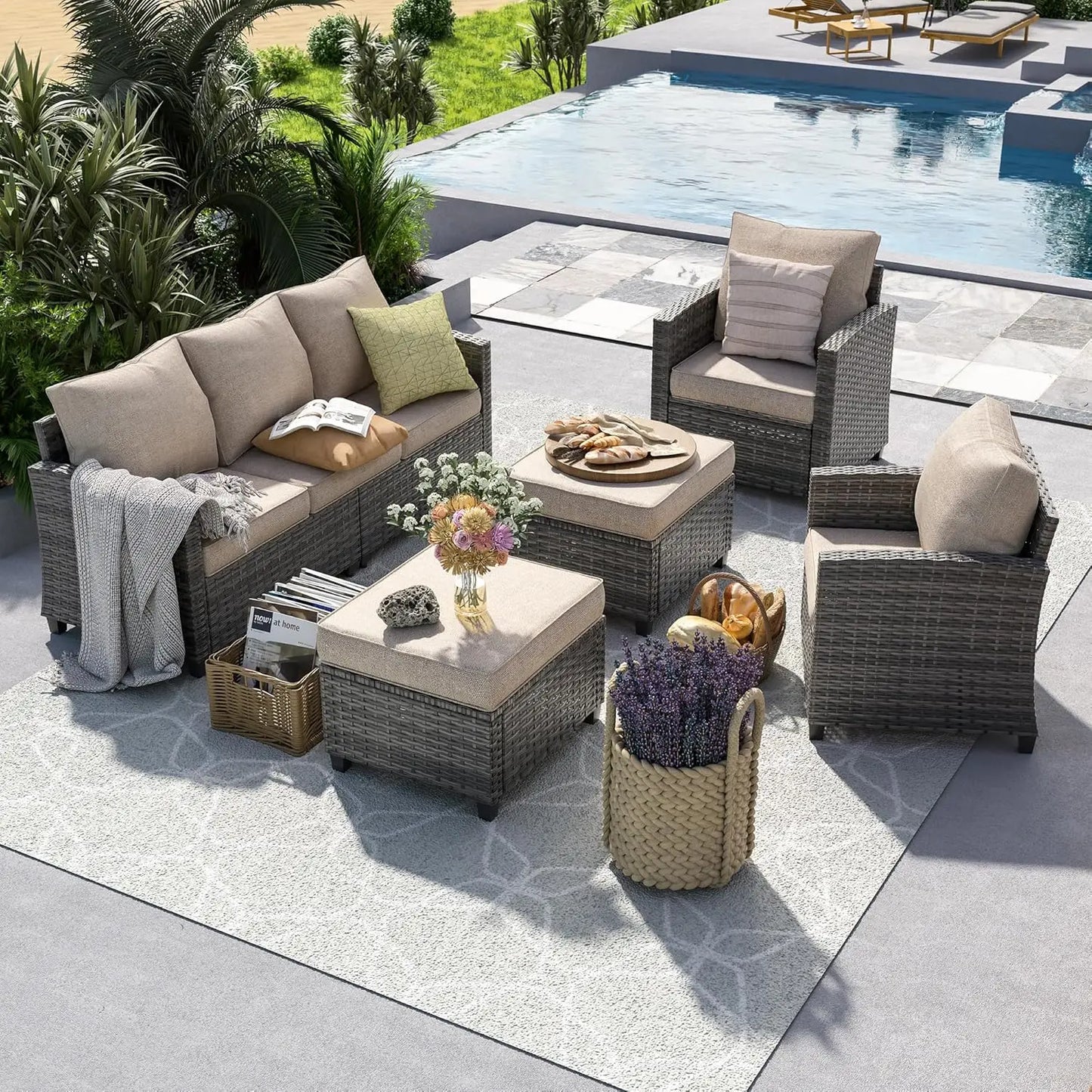 Outdoor Patio Furniture Set with 44 Inch Fire Pit Table for Garden Backyard Deck 6 Pieces Sectional Conversation Set