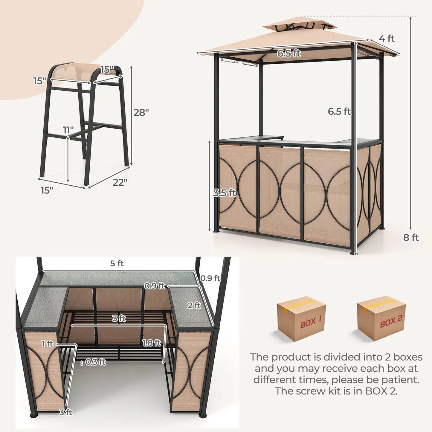 HOMASIS 3-Piece Patio Bar Set With Tempered Glass Table