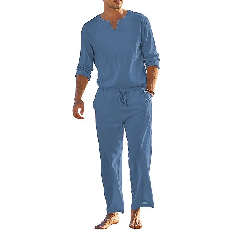 Guangdong Men's Summer Cotton Linen 2 Piece Loungewear Set