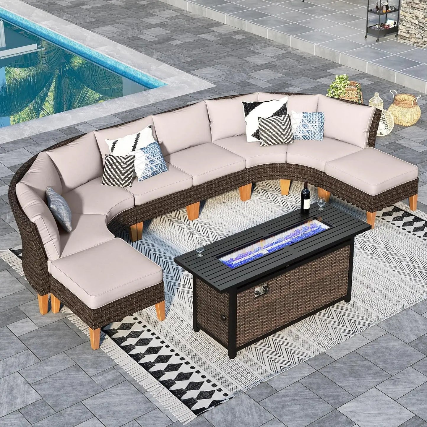 12 Piece Curved Outdoor Sectional Sofa Set Rattan Patio Conversation Set Beige
