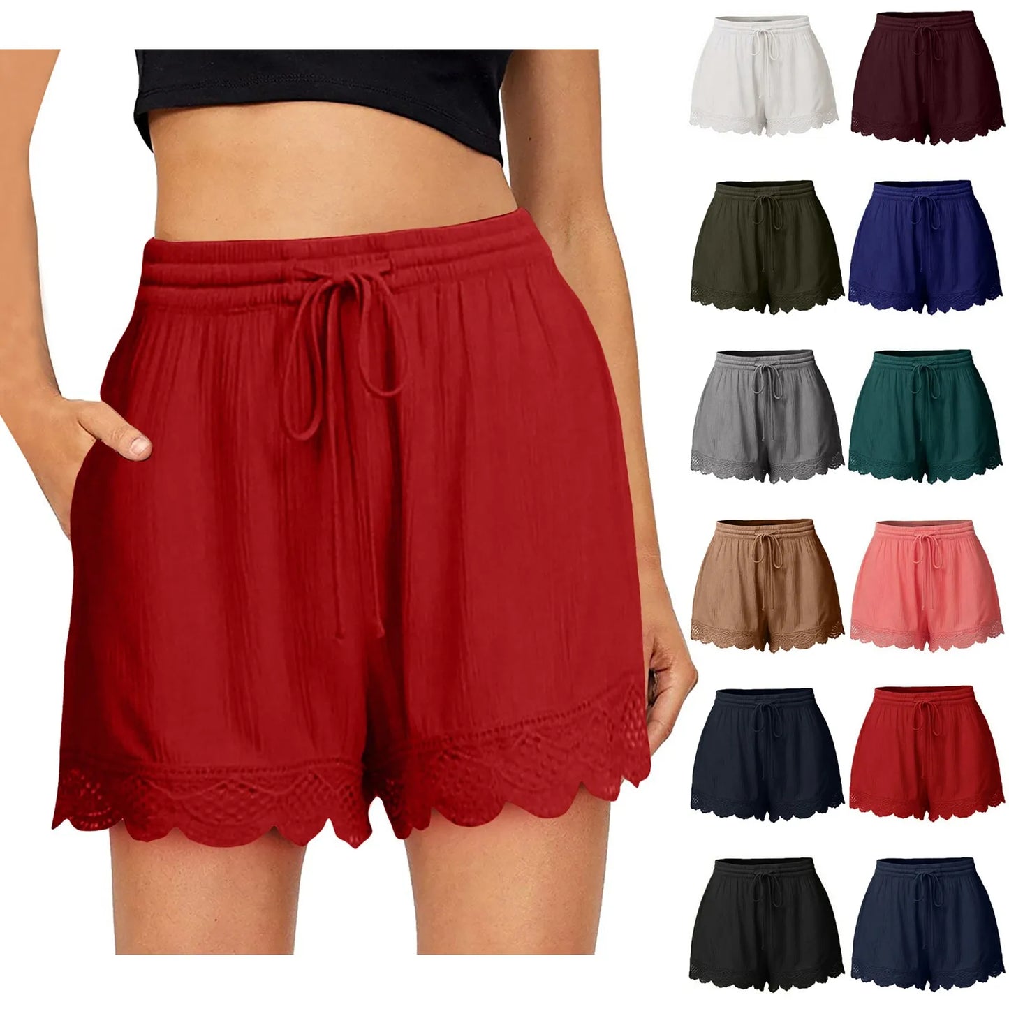 Ruffle Hem Casual Shorts for Women with Drawstring Closure