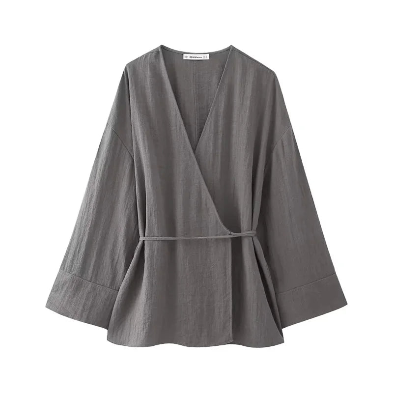 MUJER Kimono Blouse Women Long Sleeve Tie Front Elegant