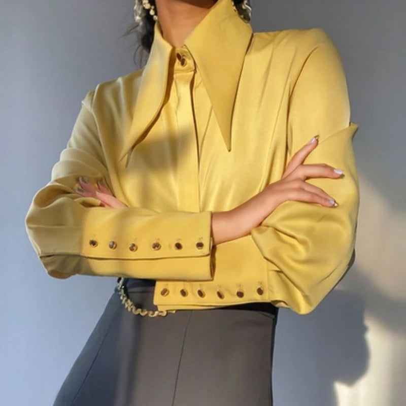 Sure Xiao Story Satin Silk Shirt Women Turn Down Collar