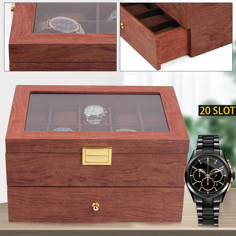 Elegant 2-Tier Wooden Watch Box with Glass Cover and Compartments