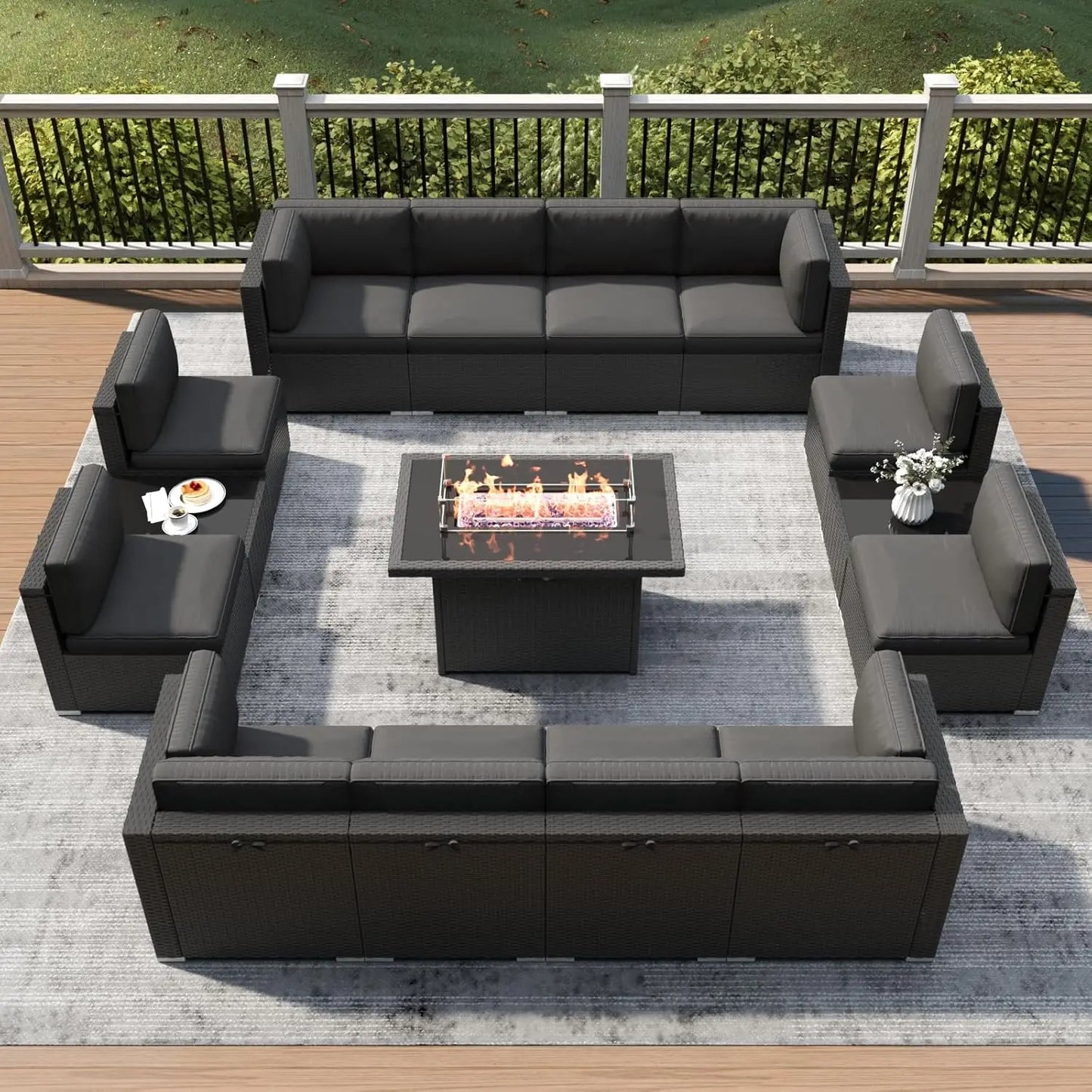 Outdoor Wicker Rattan Conversation Set With Fire Pit Table 15 Piece Patio Furniture Set