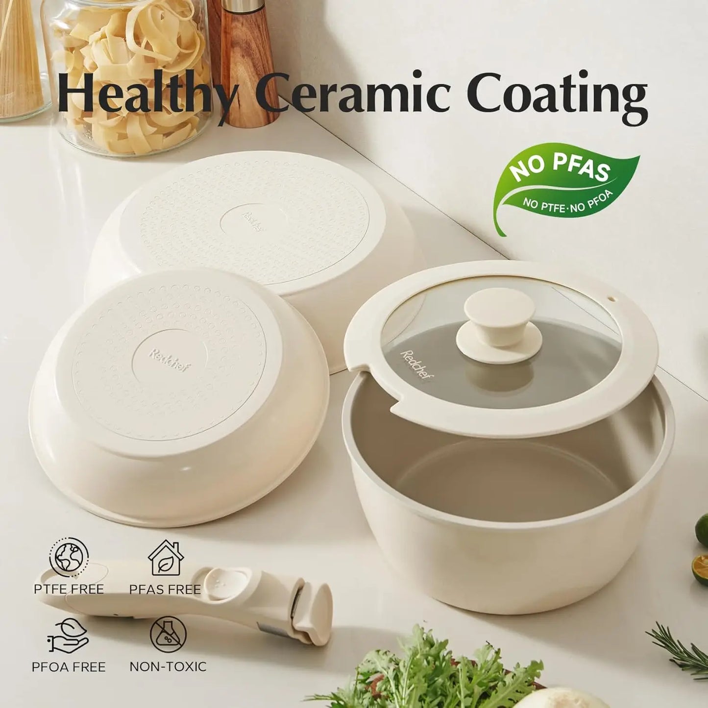 Ceramic Nonstick Cookware Set with Detachable Handle 5 Pieces