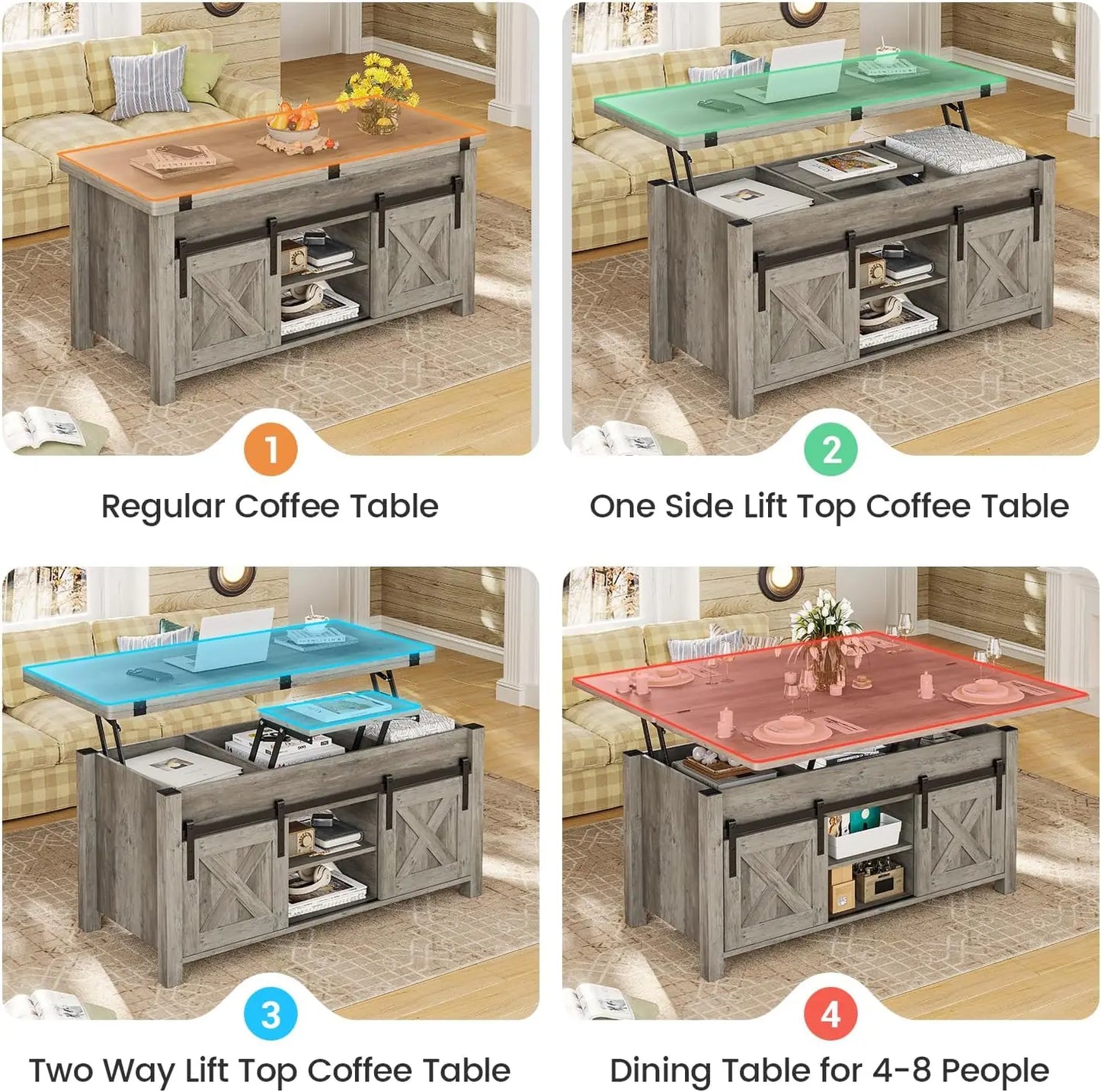 Lift Top Coffee Table 4 in 1 Multi Function Convertible Coffee Tables with Storage and Hidden Compartment Farmhouse Design