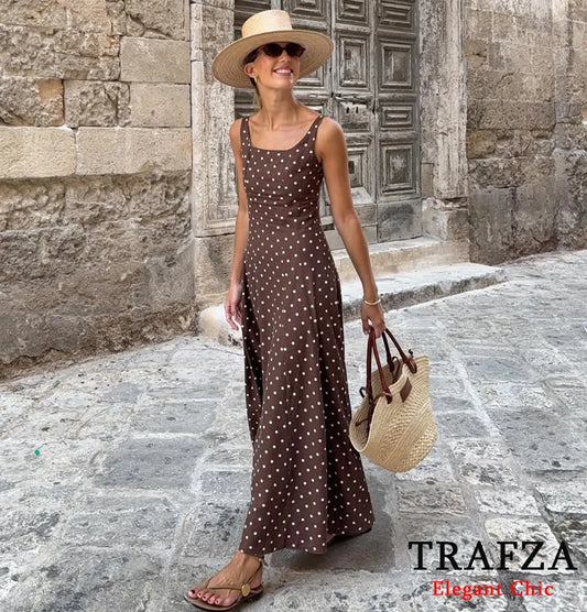 TRAFZA Vintage Polka Dot Suspender Midi Dress For Women