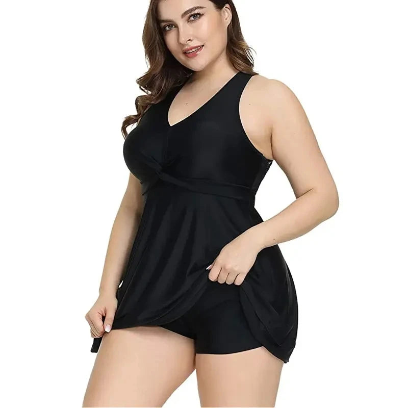 Plus Size Women Summer Swimdress Tankini Set for Chubby Figures