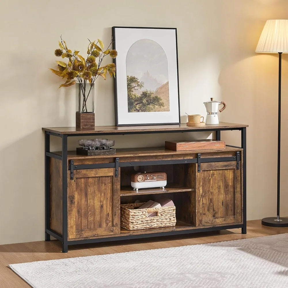 Farmhouse Style TV Stand With Storage And Sliding Doors