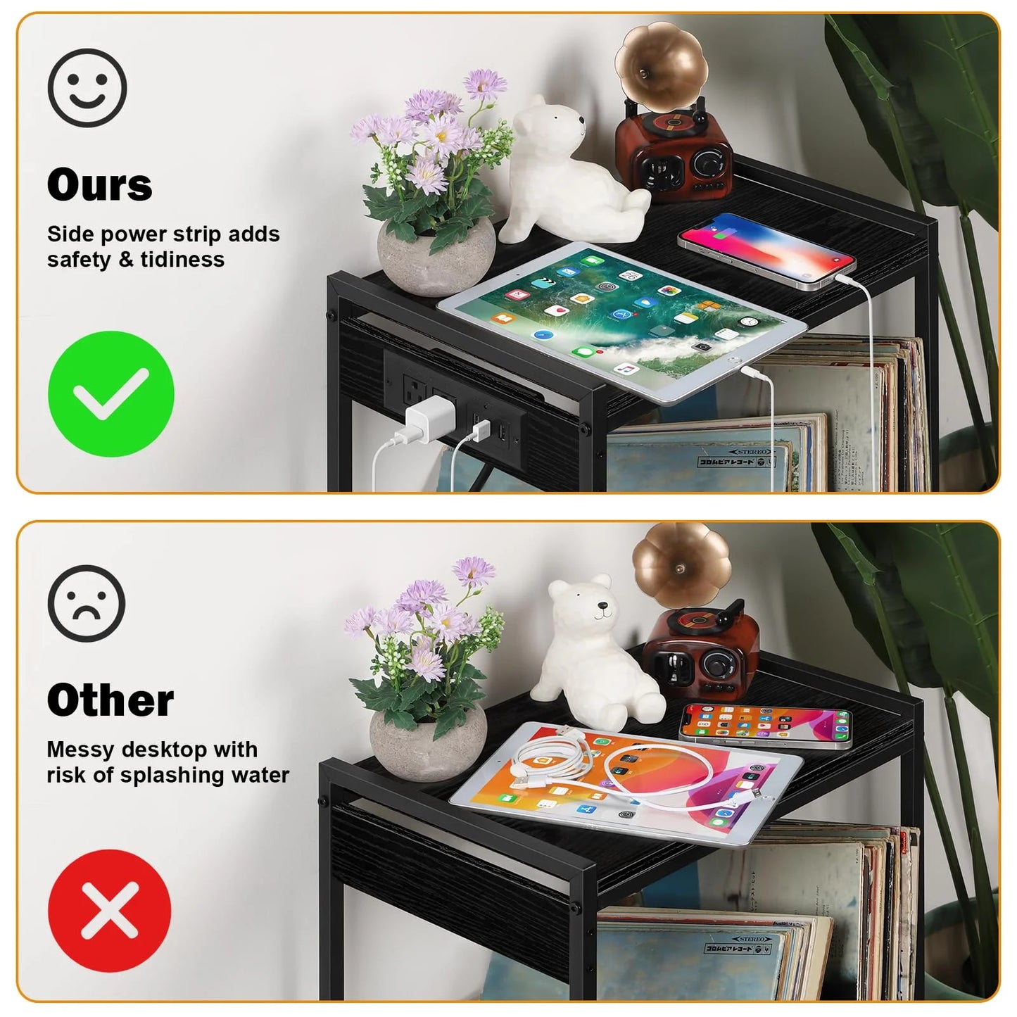 Record Player Stand with Vinyl Storage Side Table and Charging Station 2 Tier Rolling Record Player Table for Living Room