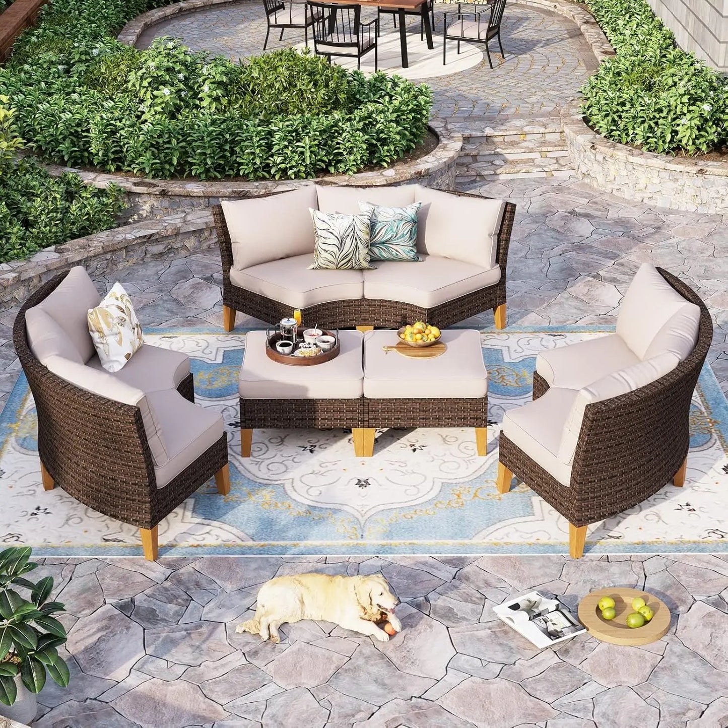 12 Piece Curved Outdoor Sectional Sofa Set Rattan Patio Conversation Set Beige
