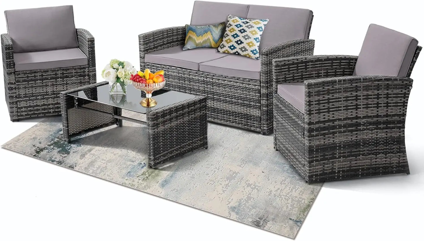 4 Piece Patio Conversation Set with Sofa Two Chairs and Coffee Table for Porch Deck Outdoor Wicker Sectional Furniture