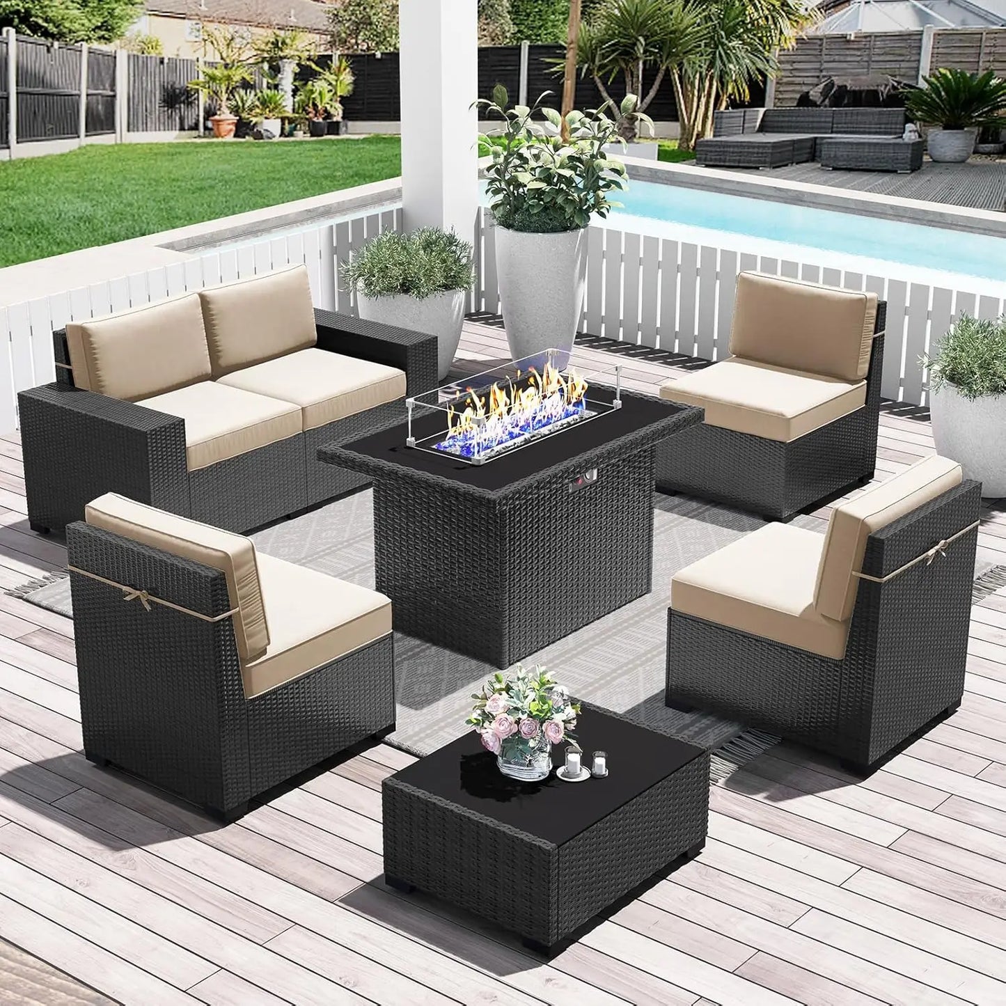 Outdoor Wicker Rattan Conversation Set With Fire Pit Table 15 Piece Patio Furniture Set