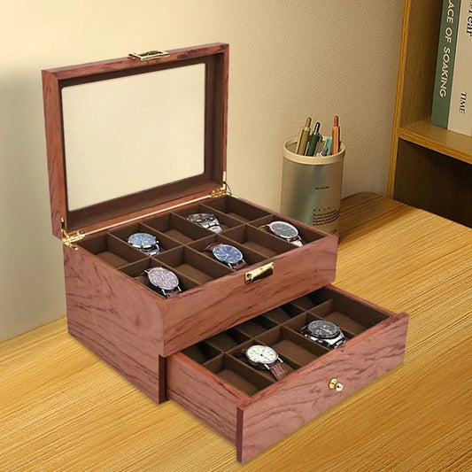 Elegant 2-Tier Wooden Watch Box with Glass Cover and Compartments