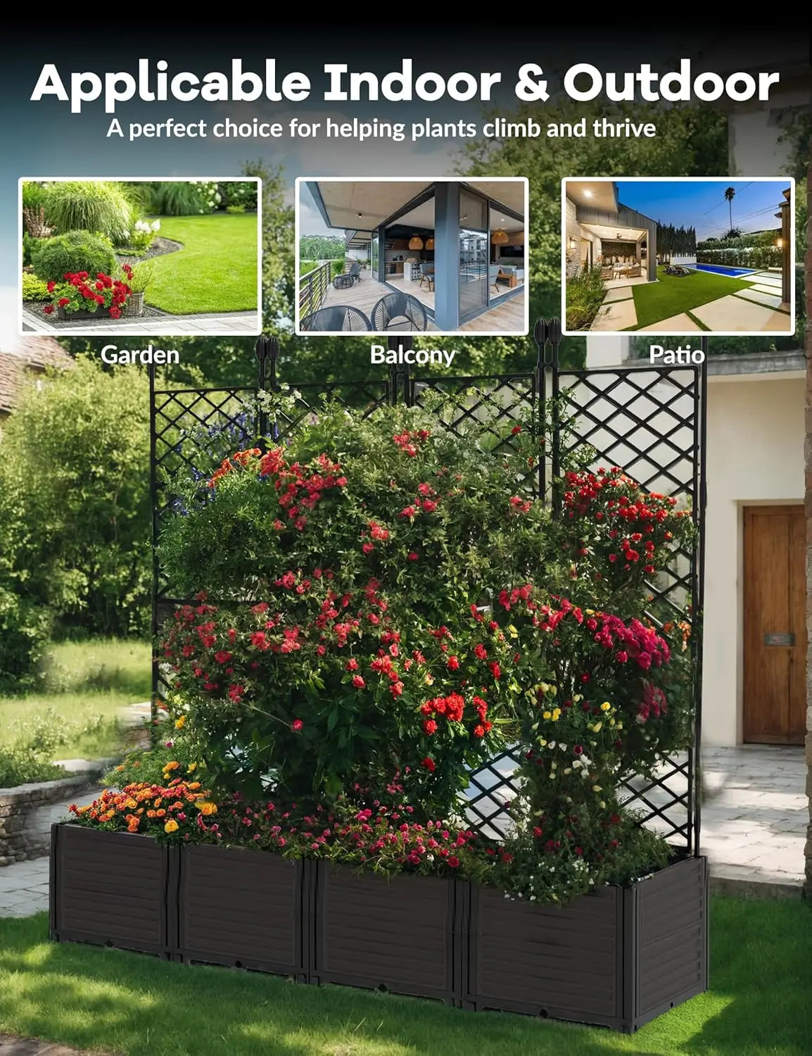 HiMISS Plastic Plant Box With Metal Trellis Bed Outdoor
