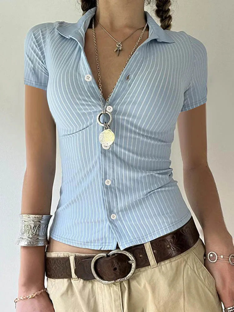 Dozw Stripe Short Sleeve Shirt For Women Button Up Casual