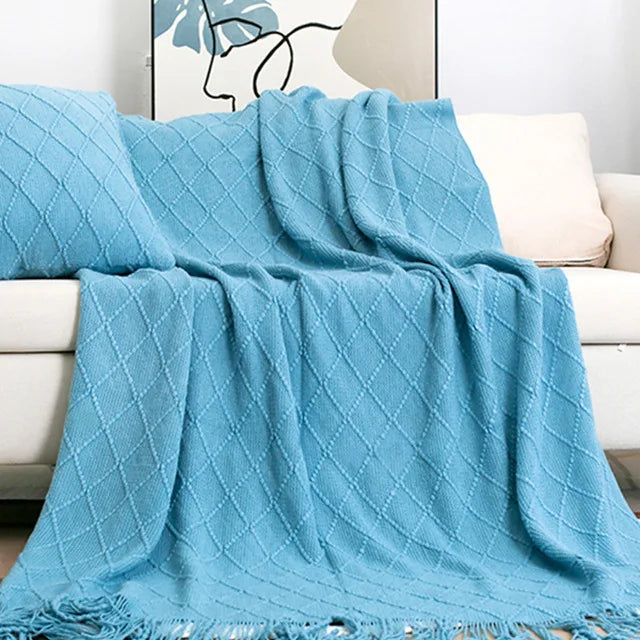 Nordic Knitted TV Blanket with Tassels Soft Fleece Throw Shawl for Sofa and Bed End Decor