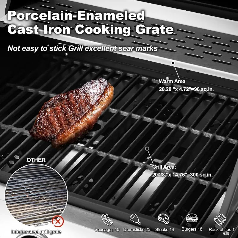 MELLCOM 3 Burner Propane Gas Grill with Cast Iron Grates