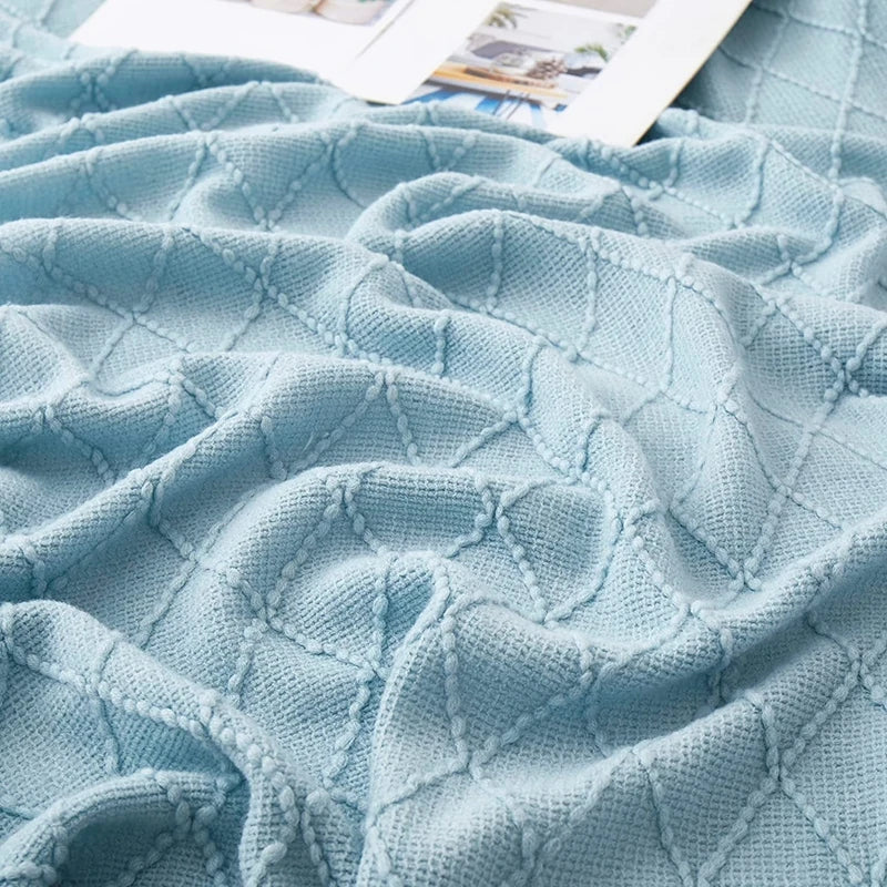 Nordic Textured Knitted Blanket Blue Throw Blanket with Tassels for Sofa and Bed Decor