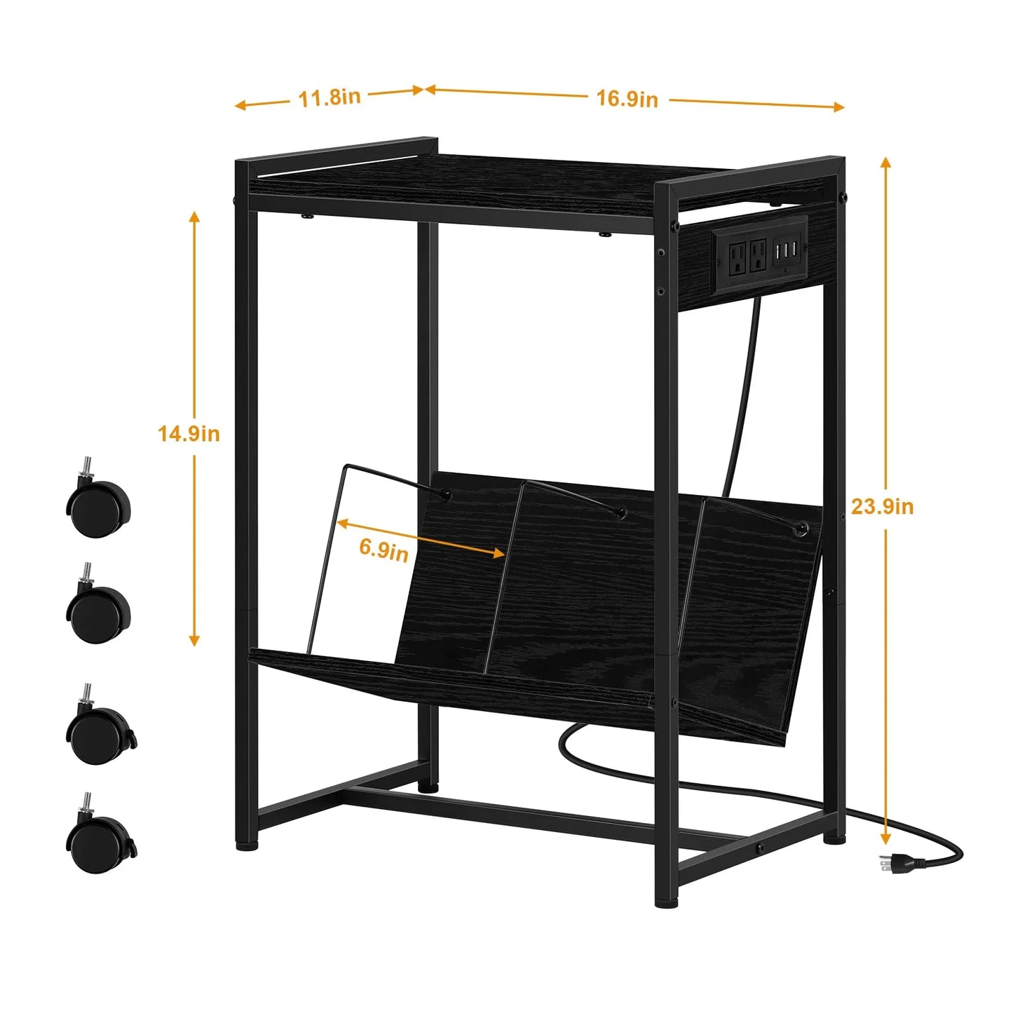 Record Player Stand with Vinyl Storage Side Table and Charging Station 2 Tier Rolling Record Player Table for Living Room