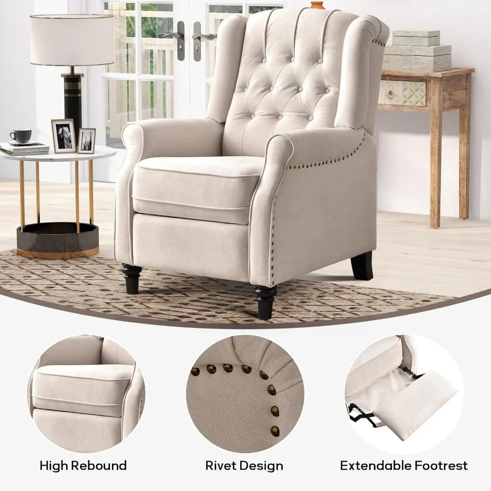Push Back Recliner Chair Fabric Wingback Armchair Rivet