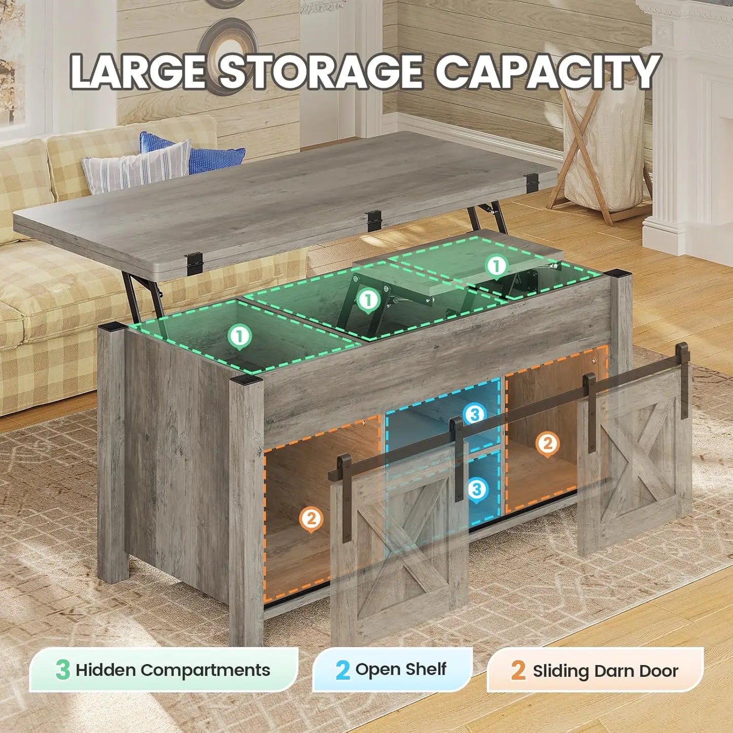 Lift Top Coffee Table 4 in 1 Multi Function Convertible Coffee Tables with Storage and Hidden Compartment Farmhouse Design
