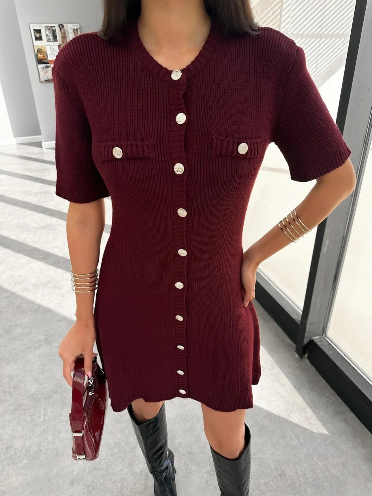 Tornova Knit Mini Dress Women Short Sleeve Patchwork Pocket