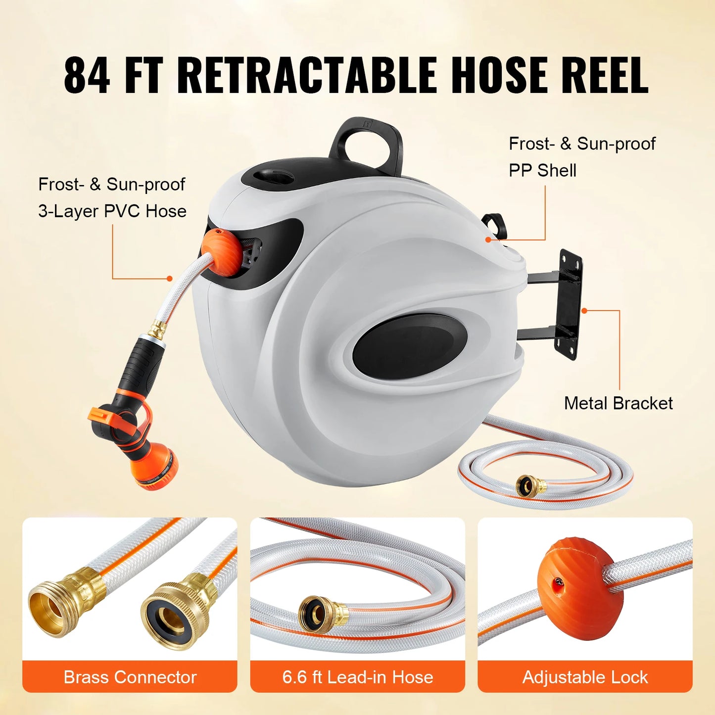 SucceBuy Retractable Hose Reel 180 Degree Swivel Bracket Wall Mounted Garden Water Hose Reel with 9 Pattern Nozzle Automatic Rewind