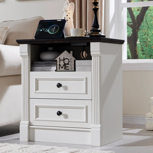 Elegant Wooden Side Table with Charging Station and Open Shelving