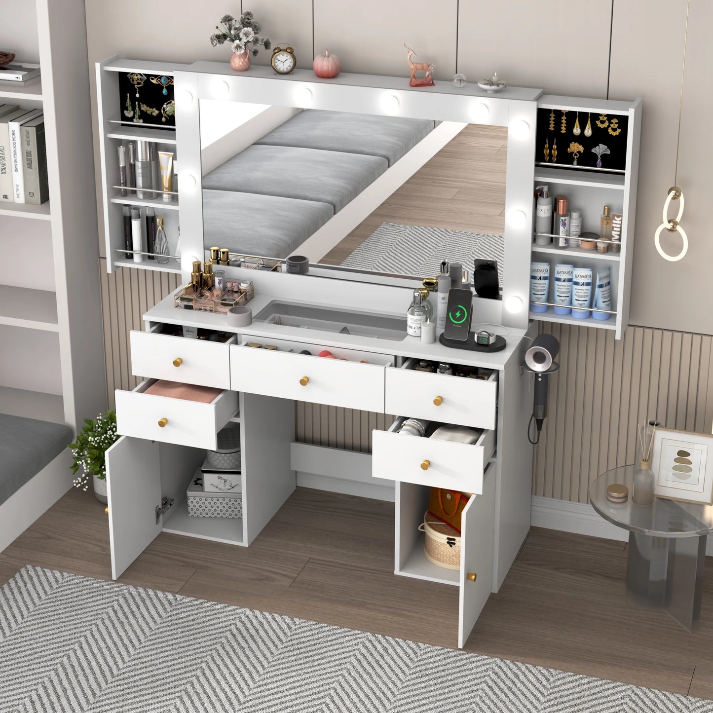 QiaoShiRen Vanity Desk With Lighted Mirror And Power Outlet