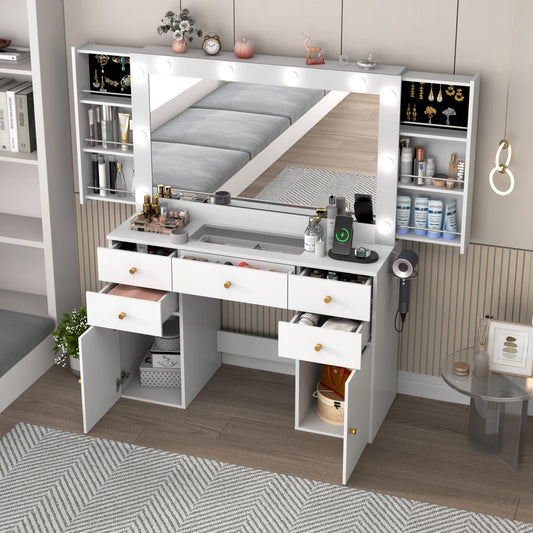 QiaoShiRen Vanity Desk With Lighted Mirror And Power Outlet