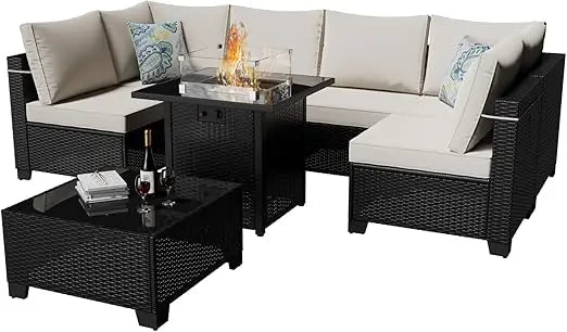8 Pieces Outdoor Sectional Furniture Rattan Wicker Patio Sofa Couch with 28 Inch Gas Fire Pit Table Conversation Set for Backyard