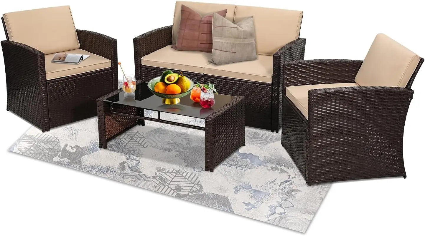 4 Piece Patio Conversation Set with Sofa Two Chairs and Coffee Table for Porch Deck Outdoor Wicker Sectional Furniture