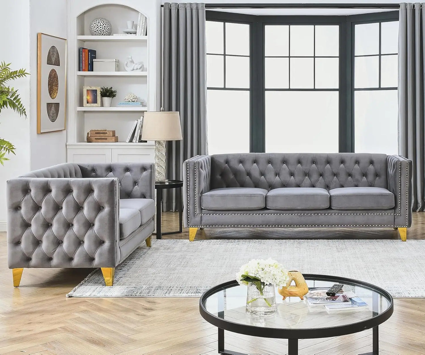 XMSJ Velvet Sofa Set Modern Tufted Rivet Decoration