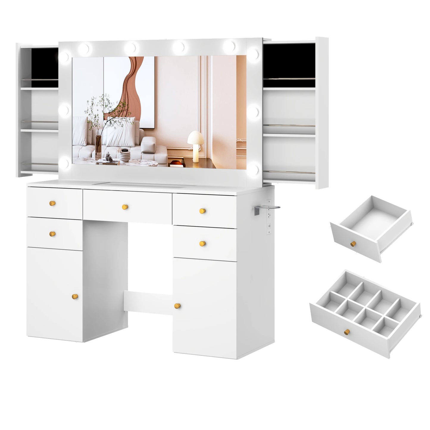 QiaoShiRen Vanity Desk With Lighted Mirror And Power Outlet
