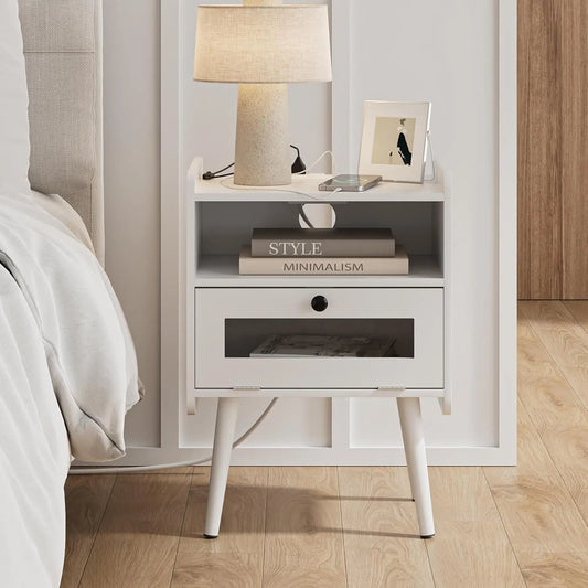 Nightstand With Charging Station Mid Century Modern Bedside Table With Storage Drawer And Open Wood Shelf Small End Side Table