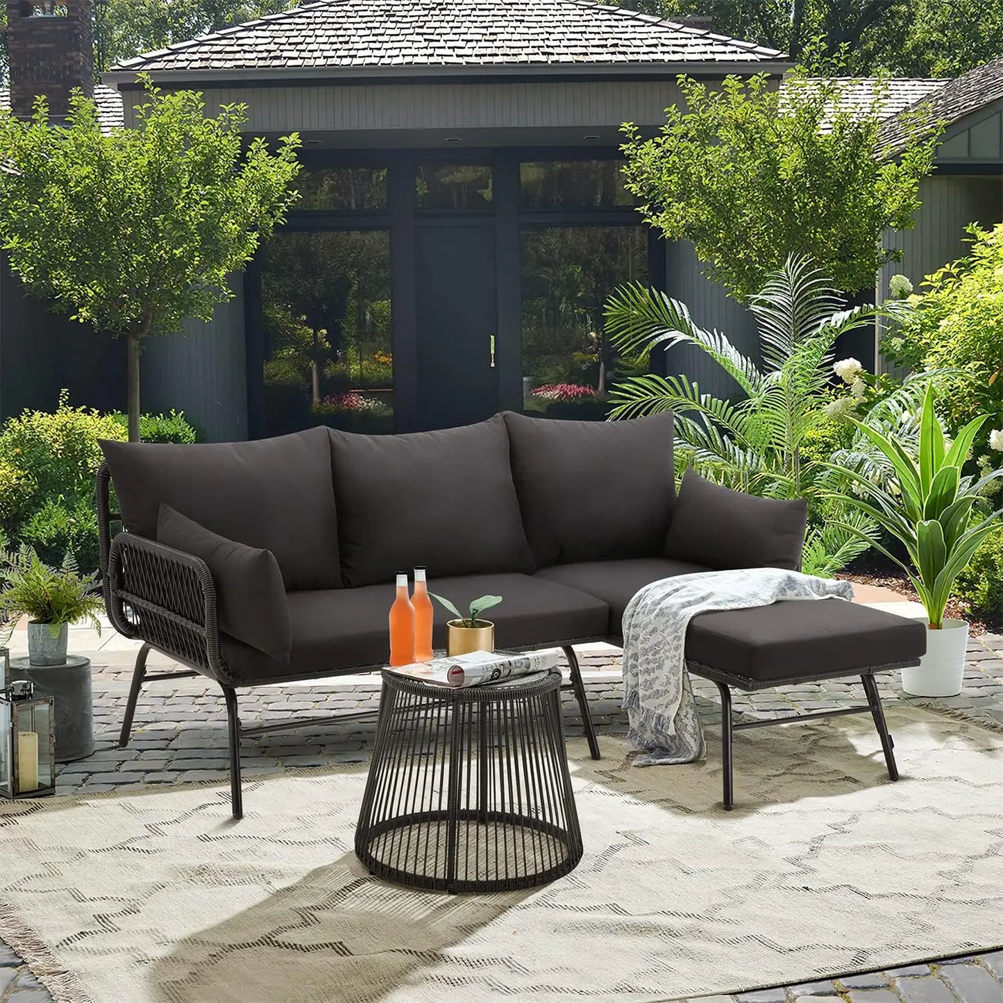 L-Shaped Outdoor Patio Conversation Set with Thick Cushions