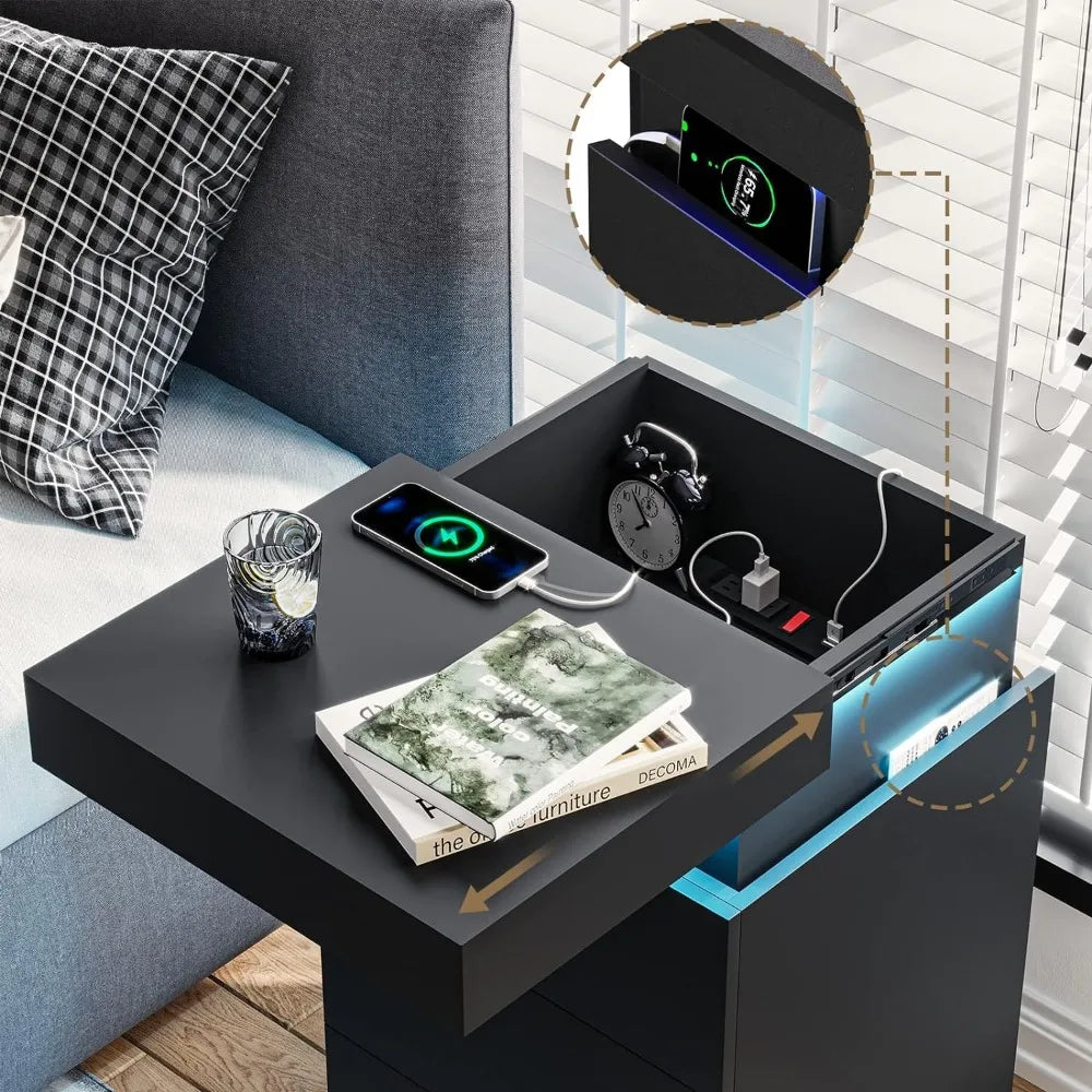Modern Nightstand with Charging Station and LED Lighting Options