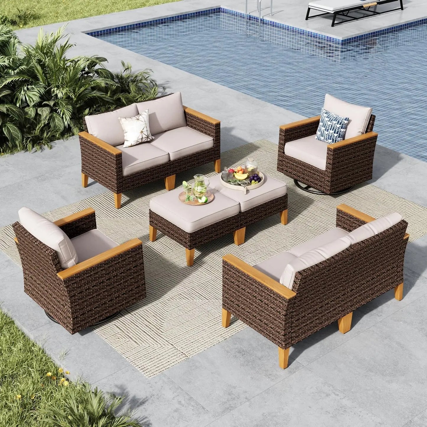 9 Piece Wicker Patio Furniture Set with 56 Inch Fire Pit Table All Weather PE Rattan Patio Sectional Sofa Conversation Set