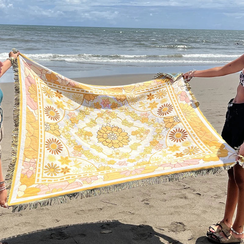 Europe Style Sofa Throw Blanket Cotton Knitted Blanket with Tassel Floral Bohemian Design Sofa Cover Bed Blanket Camping Rug
