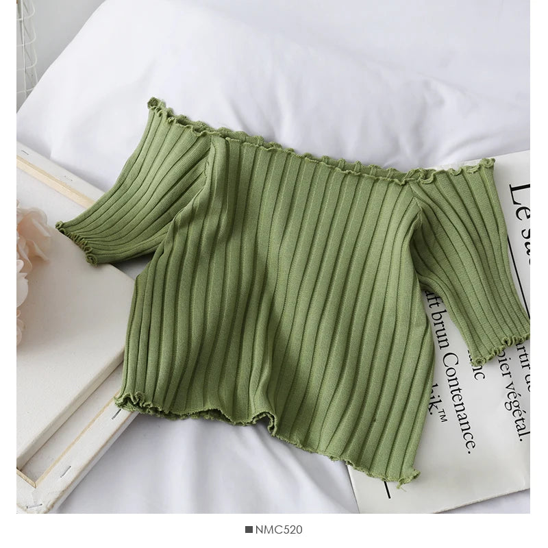 IToolin Women Ruffled Hem Off Shoulder Crop Top T-shirt