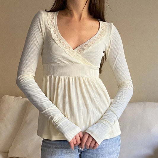 Hirigin Lace Trim Wrap Blouse for Women Long Sleeve Top