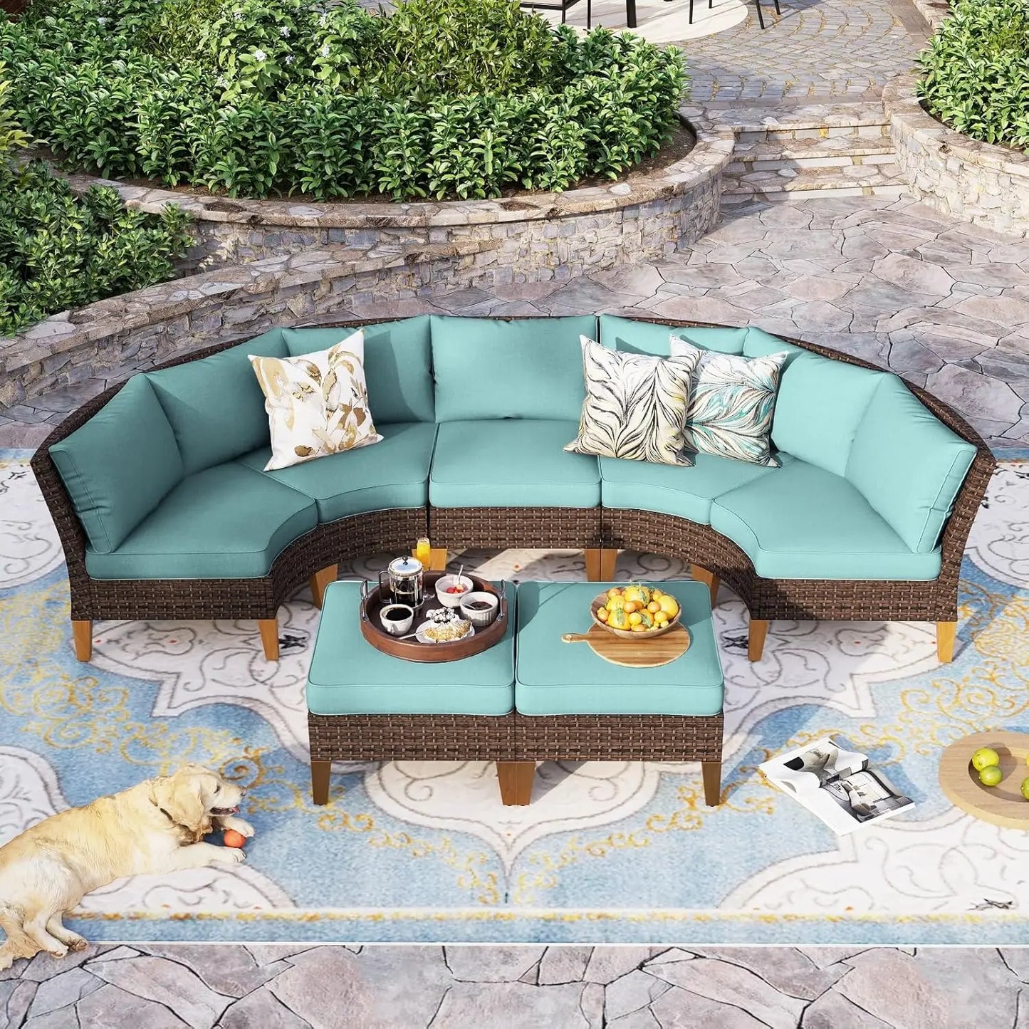 12 Piece Curved Outdoor Sectional Sofa Set Rattan Patio Conversation Set Beige
