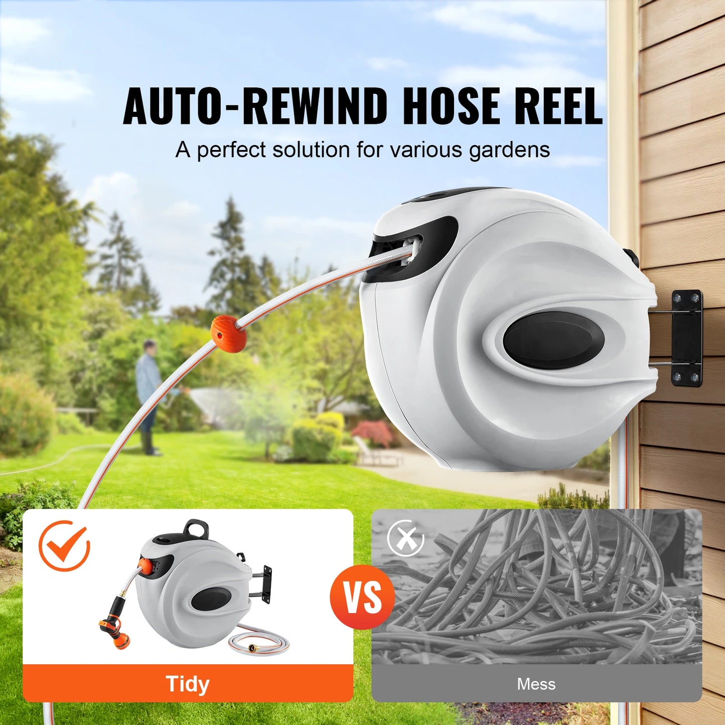 SucceBuy Retractable Hose Reel 180 Degree Swivel Bracket Wall Mounted Garden Water Hose Reel with 9 Pattern Nozzle Automatic Rewind