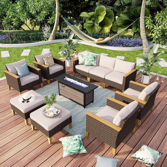 9 Piece Wicker Patio Furniture Set with 56 Inch Fire Pit Table All Weather PE Rattan Patio Sectional Sofa Conversation Set