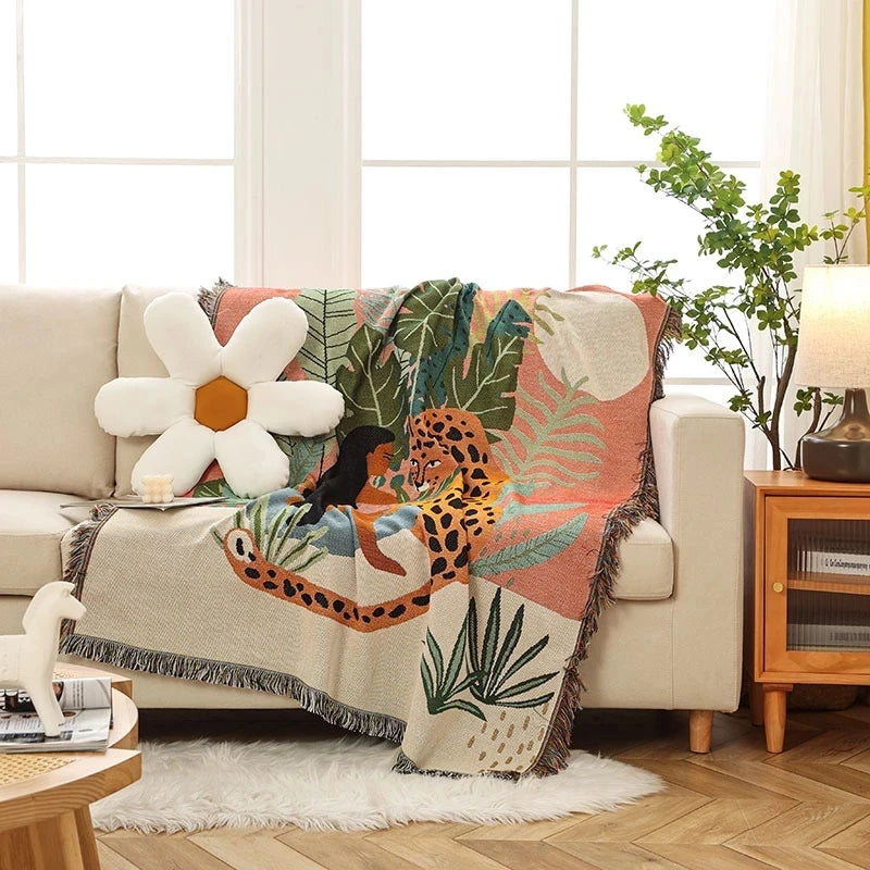 Women Leopard Throw Blanket Multifunctional Beach Sofa Cover Tassel Dust Cover Air Conditioning Blanket for Bed