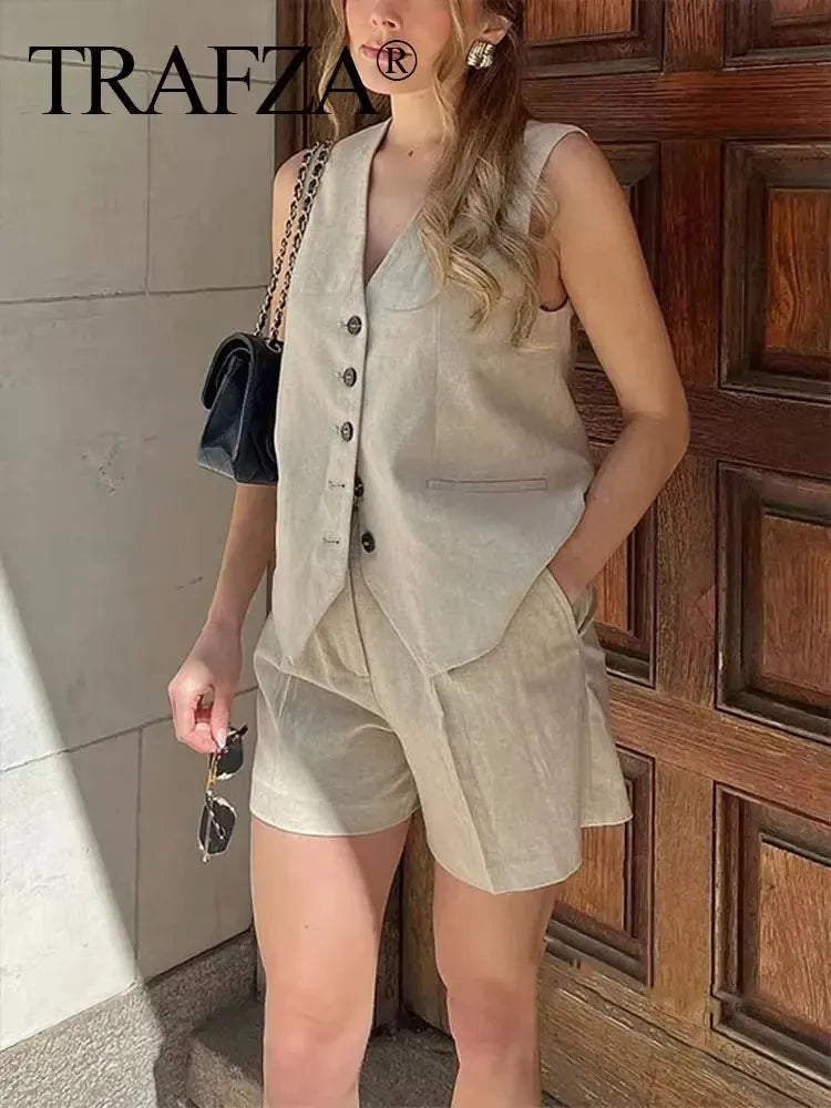 TRAFZA Women Casual Vintage Pant Suit Vest Shorts Set