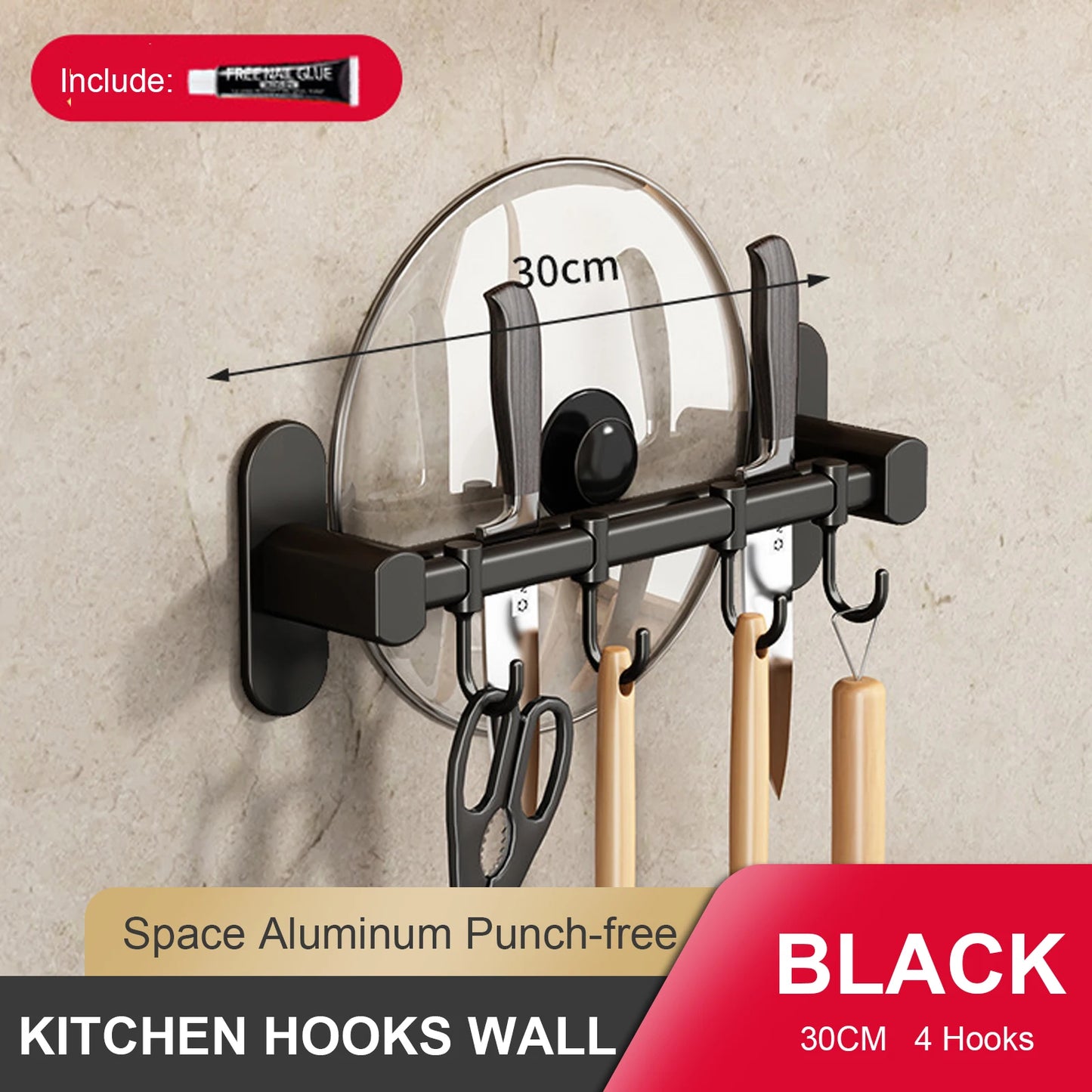 RUITHOEC Wall Mounted Kitchen Hook Rack No Punching Rail